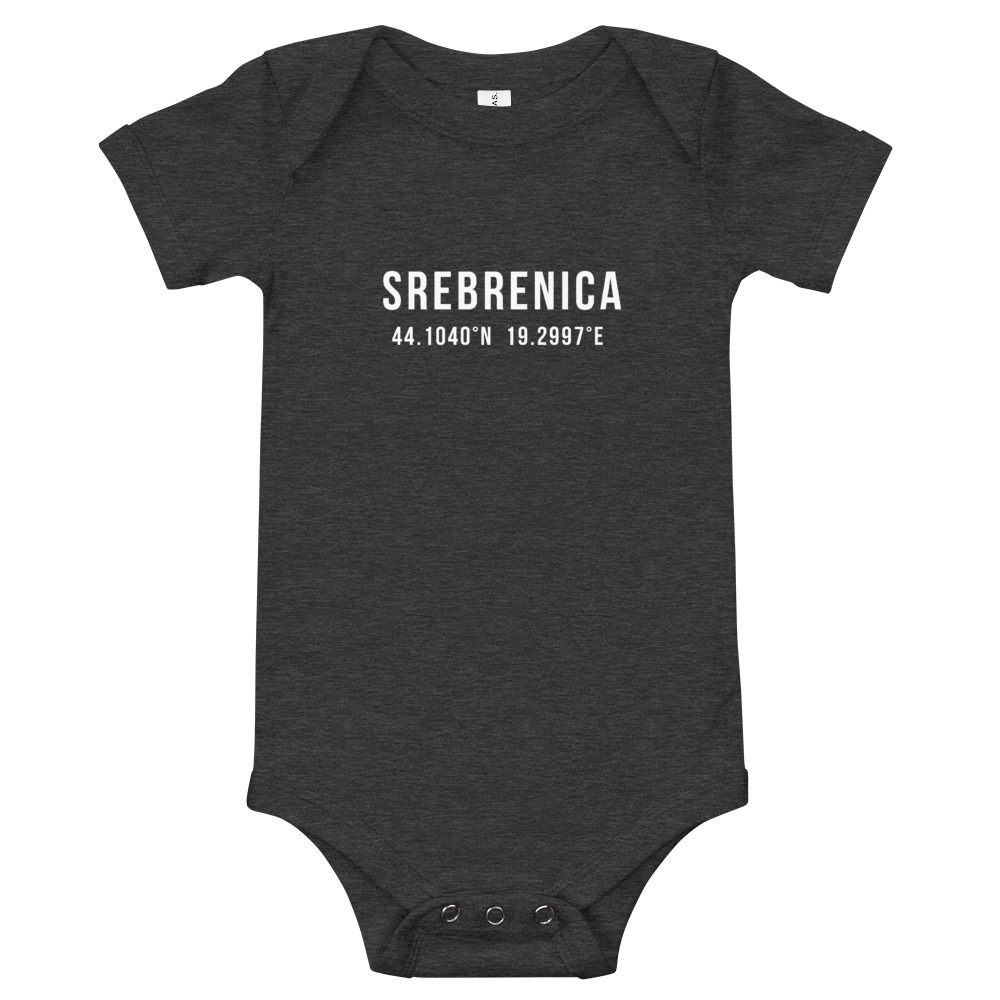 Srebrenica Coordinates Baby Onesie (White text, 3 - 24 months)