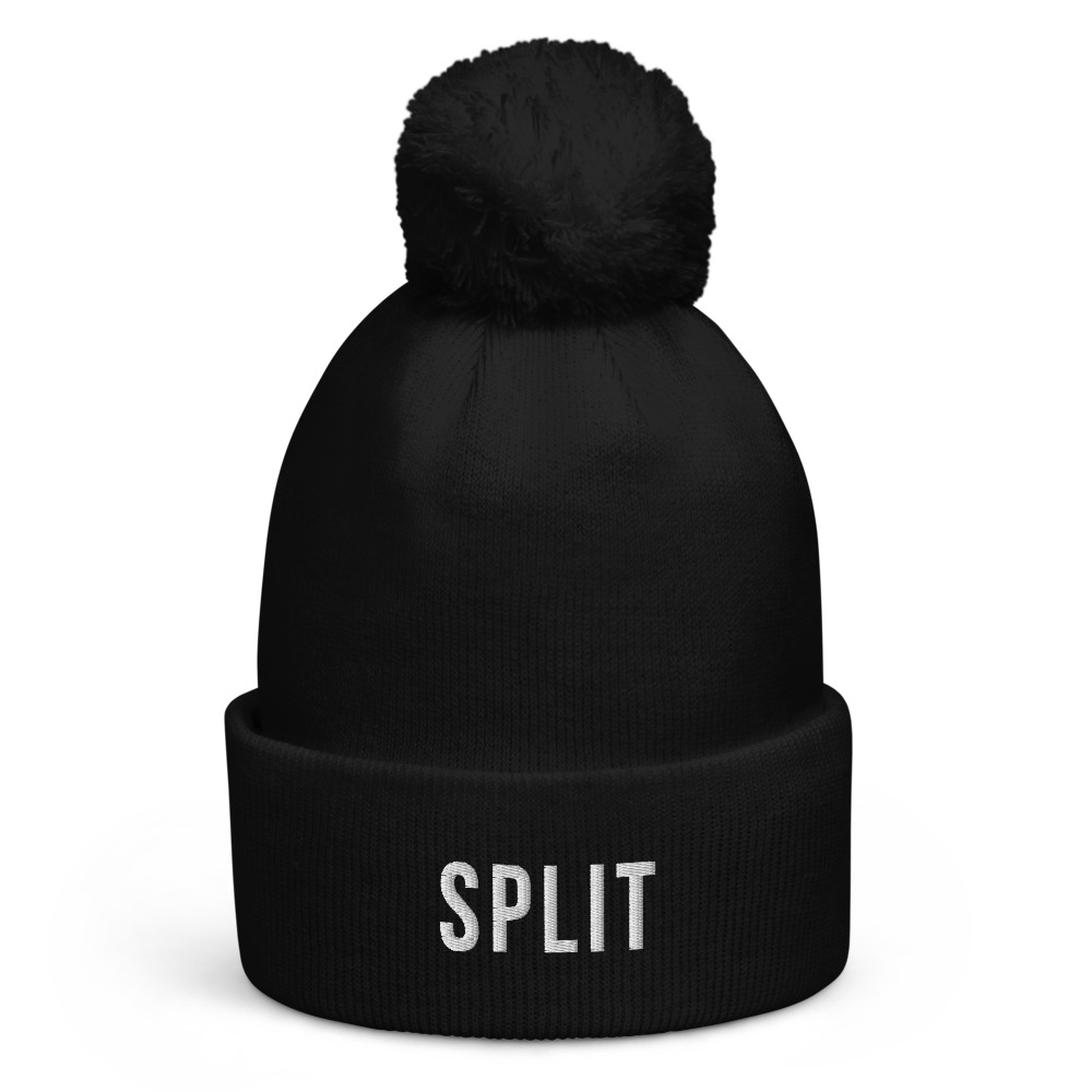 Split Pom-Pom Beanie (White Text)