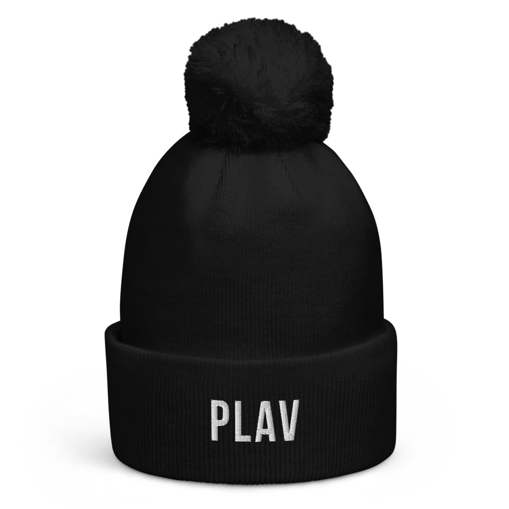 Plav Pom-Pom Beanie (White Text)