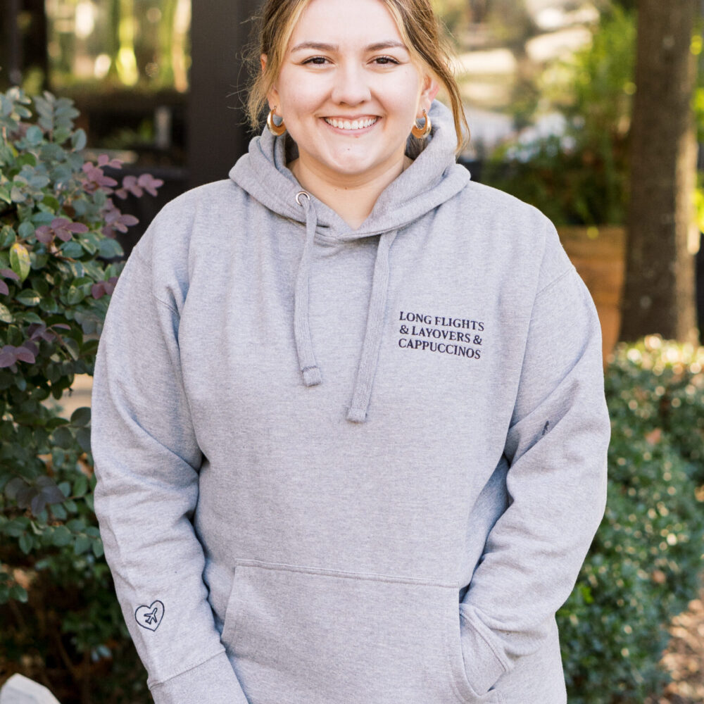 Long Flights & Layovers & Cappuccinos Embroidered Gray Hoodie